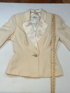 Vintage Travilla Cream Satin Blazer Rhinestone Button Tailored Jacket